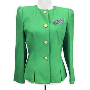 Vintage Sassoon Womens 10 Bright Green Peplum Blazer Gold Buttons Retro Career